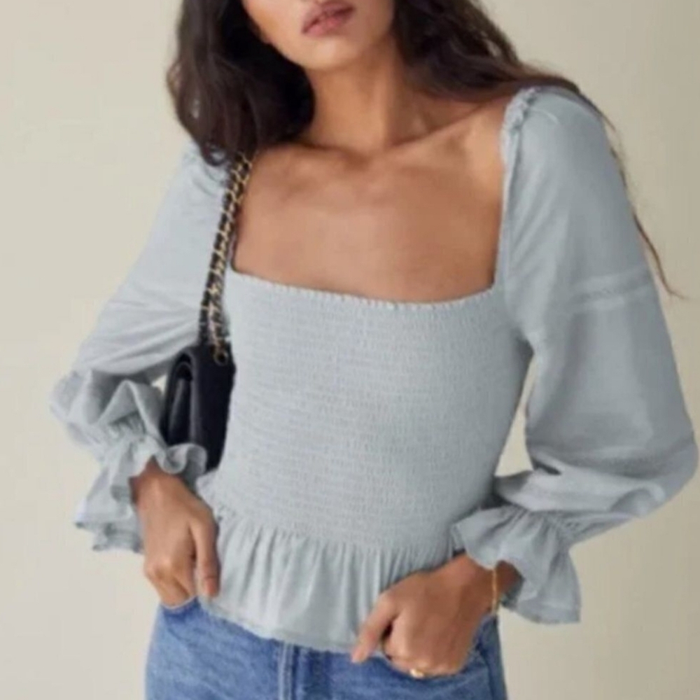 Reformation Light Blue Smocked Blouse Size S